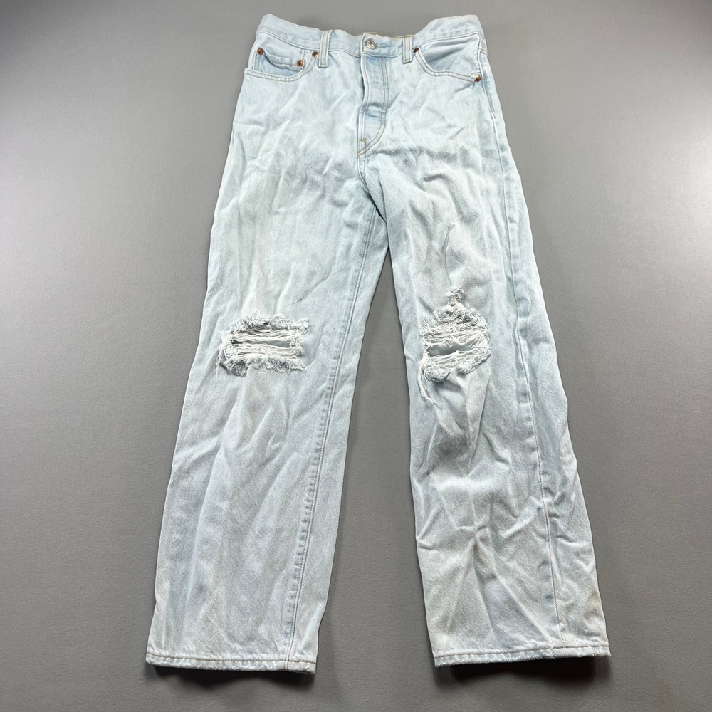 Levi's Ribcage Straight Ankle Jeans Womens 27 Blue Cotton Light Wash Distressed